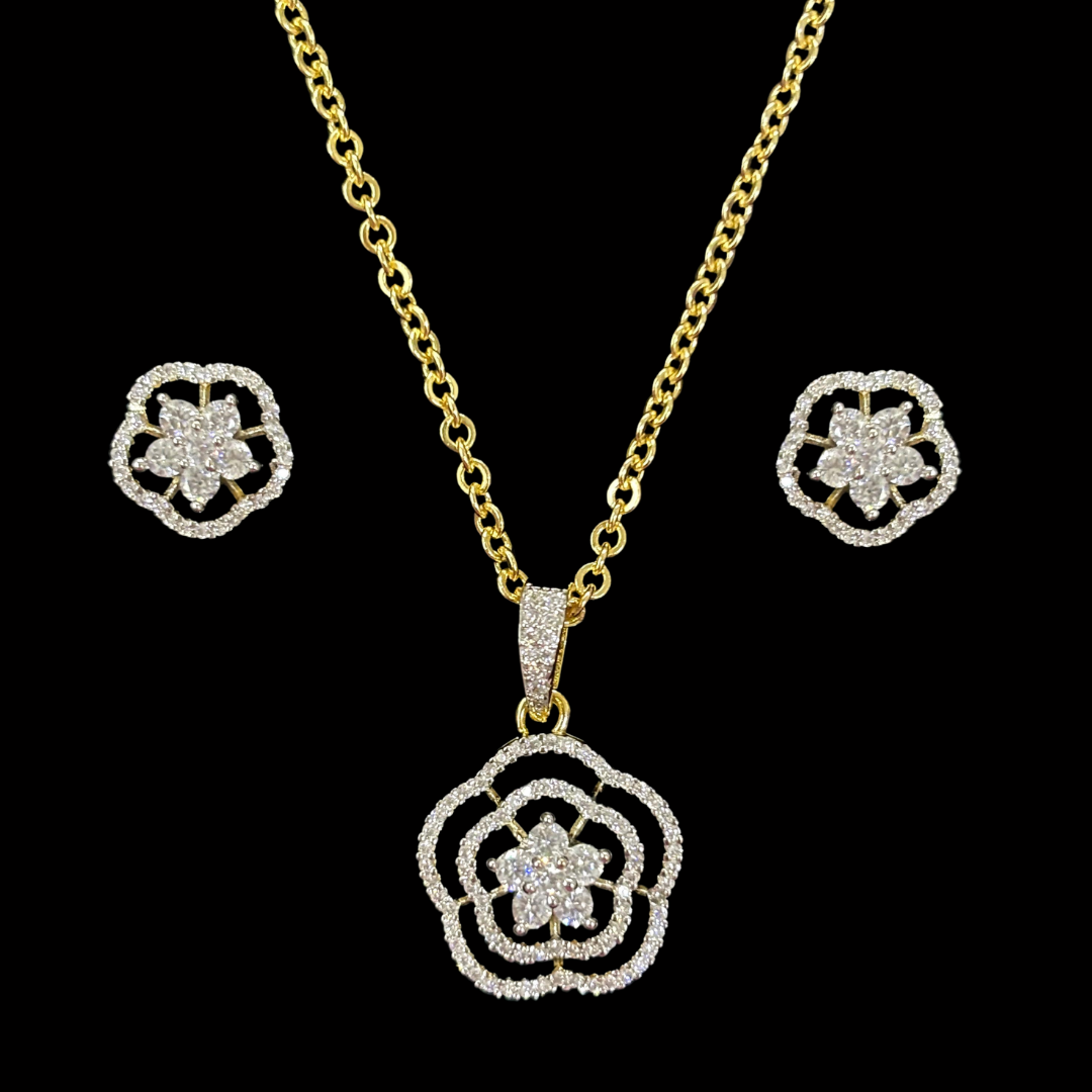 Gold-Plated Cubic Zirconia Pendant & Stud Earrings Set – A Floral Symphony of Elegance