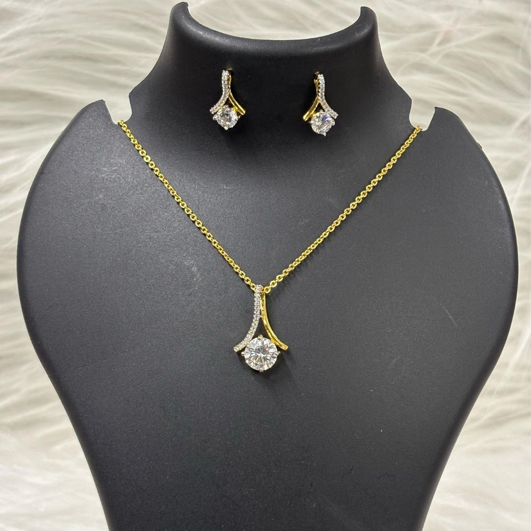 Gold Plated Curve Solitaire Pendant & Earrings Set – A Graceful Symphony of Sparkle & Elegance