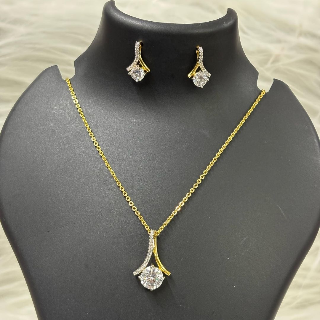 Gold Plated Curve Solitaire Pendant & Earrings Set – A Graceful Symphony of Sparkle & Elegance