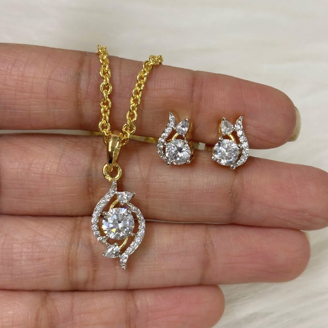 Gold Plated Bloom Solitaire Pendant & Earrings Set – Graceful, Elegant & Timeless