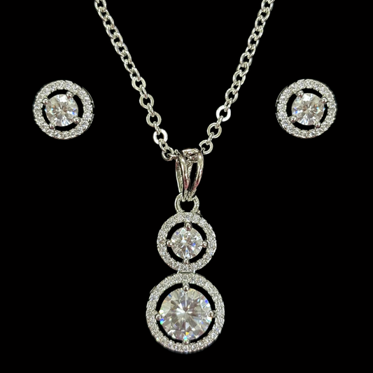 Rhodium-Plated Eternal Glow Solitaire Halo Pendant & Stud Earrings Set – Double the Shine, Timeless Elegance