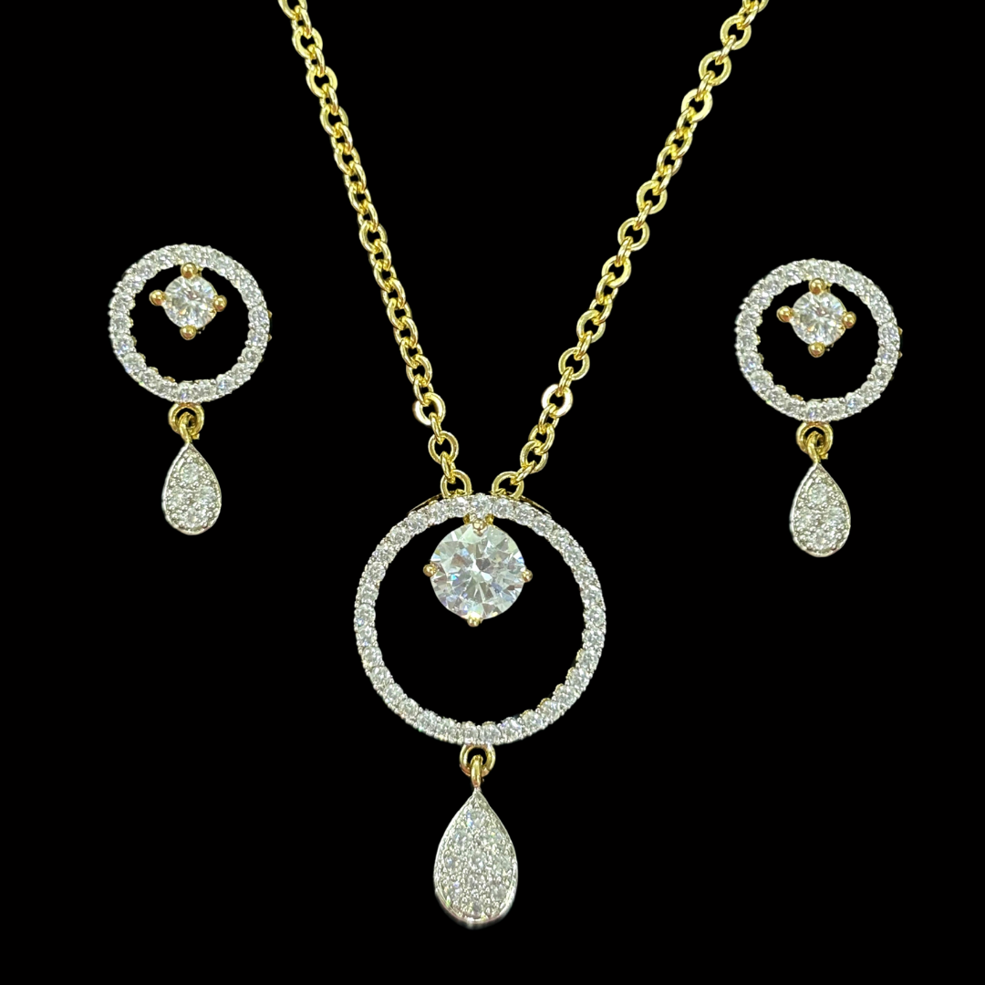 Gold Plated Cubic Zirconia Halo Pendant & Stud Earrings Set