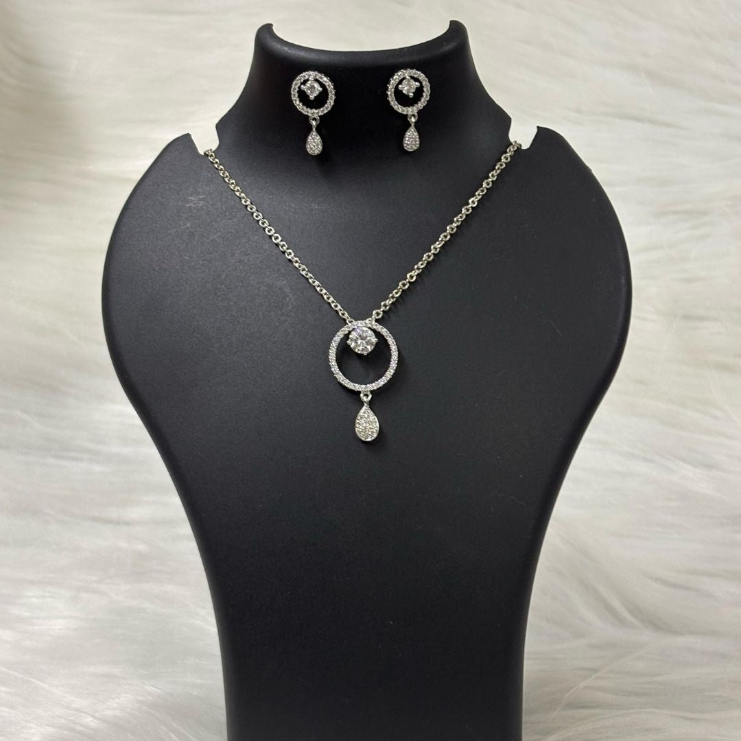 Rhodium Plated Cubic Zirconia Halo Pendant & Stud Earrings Set