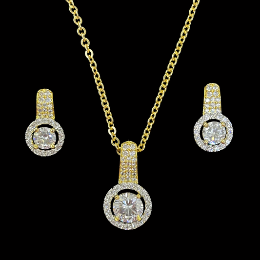 Gold Plated Halo Cubic Zirconia Pendant & Stud Earrings Set