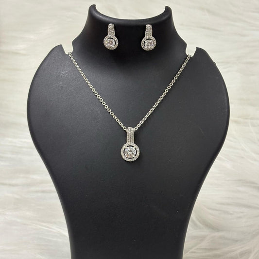 Rhodium Plated Halo Cubic Zirconia Pendant & Stud Earrings Set