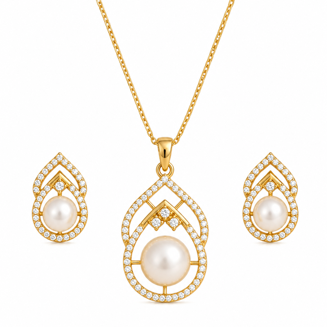 Gold Plated CZ Pearl Pendant Set