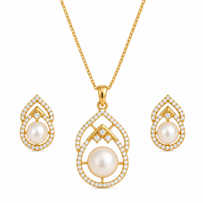 Gold Plated CZ Pearl Pendant Set