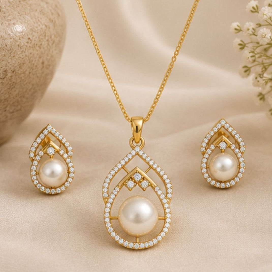 Gold Plated CZ Pearl Pendant Set