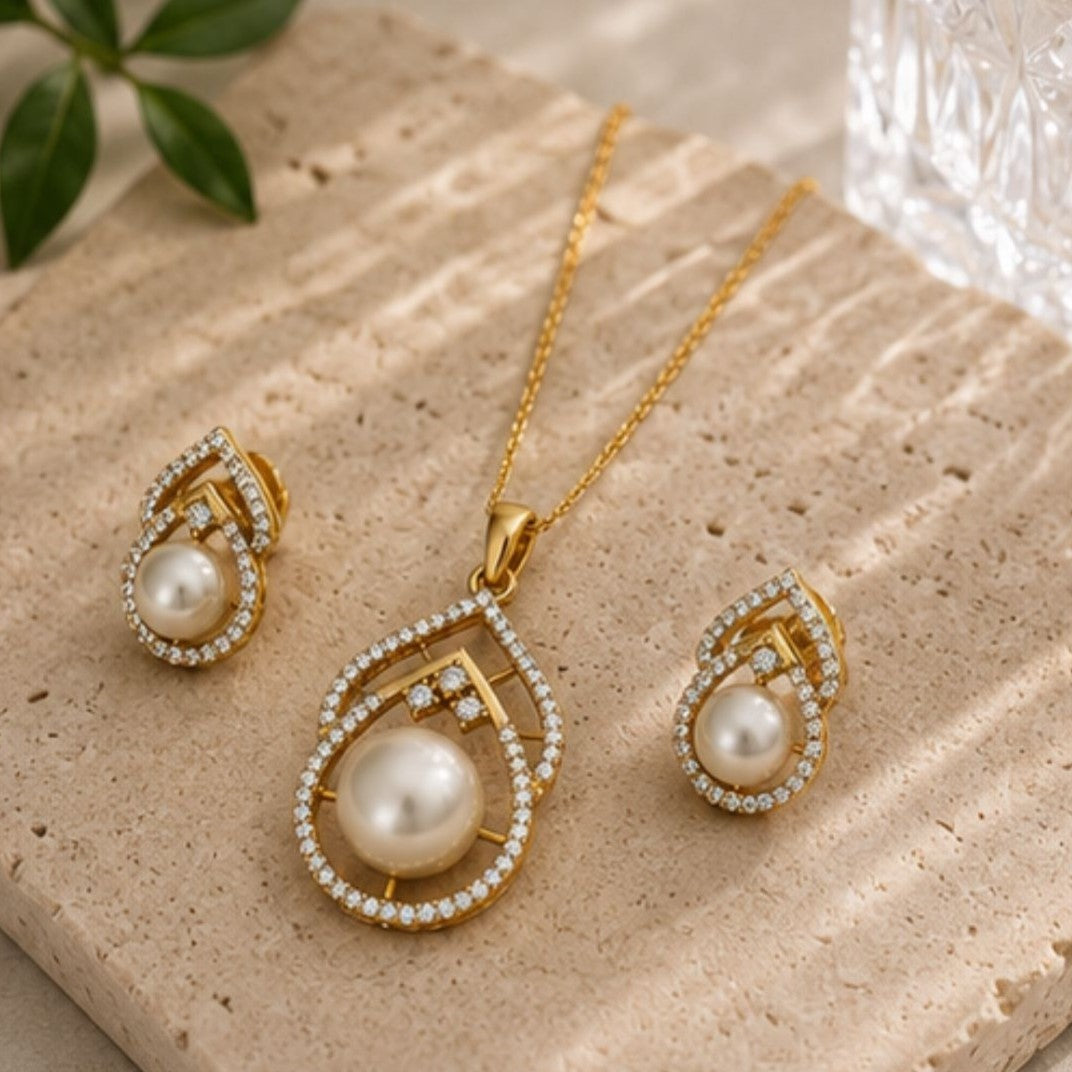 Gold Plated CZ Pearl Pendant Set