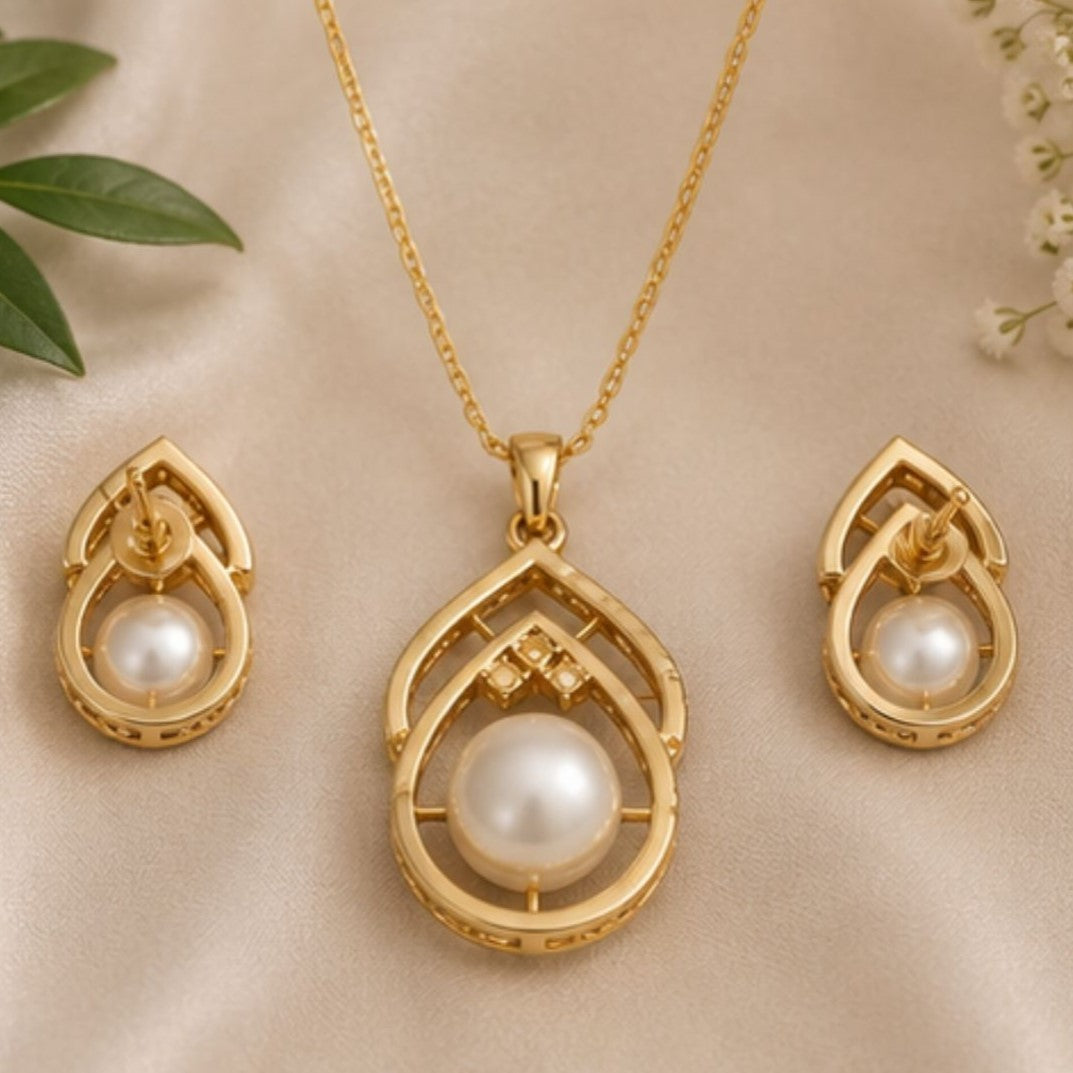 Gold Plated CZ Pearl Pendant Set