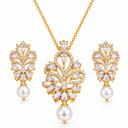 Gold Plated CZ Pearl Pendant Set