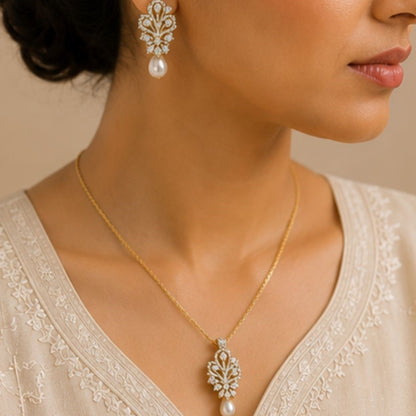 Gold Plated CZ Pearl Pendant Set