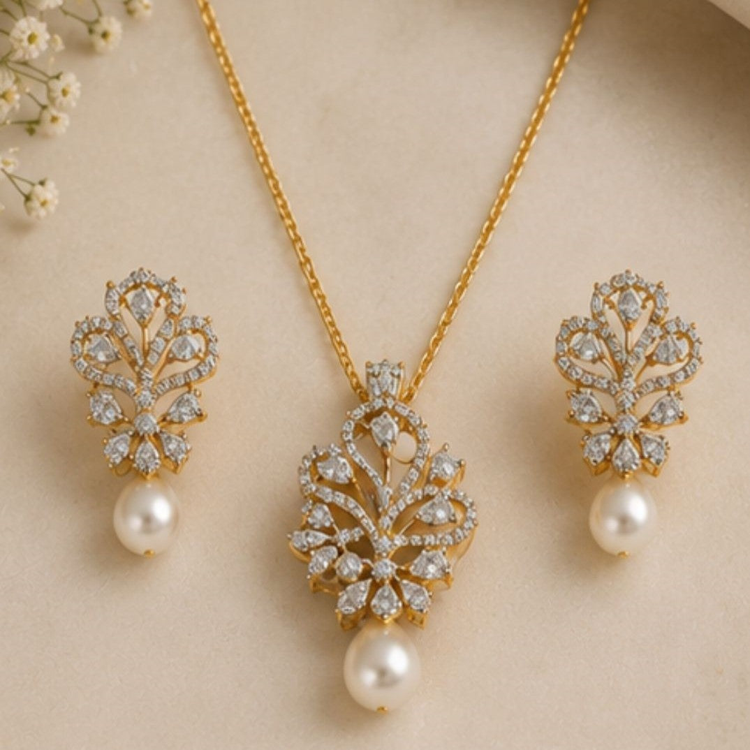 Gold Plated CZ Pearl Pendant Set