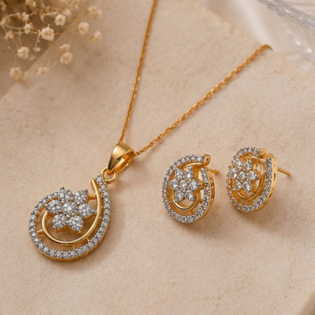 Gold Plated Cubic Zirconia Floral Pendant Set