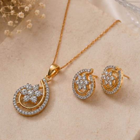 Gold Plated CZ Floral Pendant Set