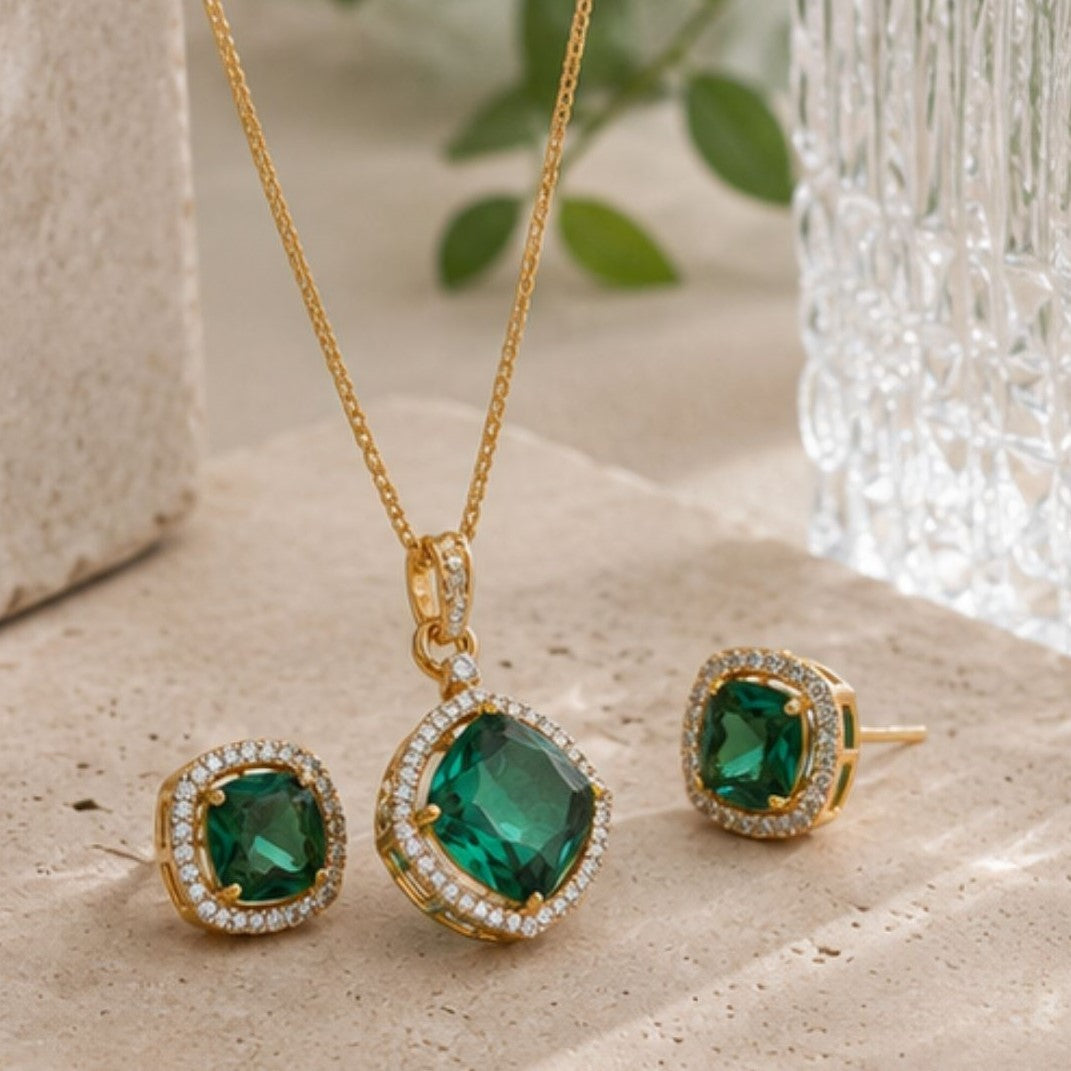 Gold Plated CZ Halo Style Pendant Set