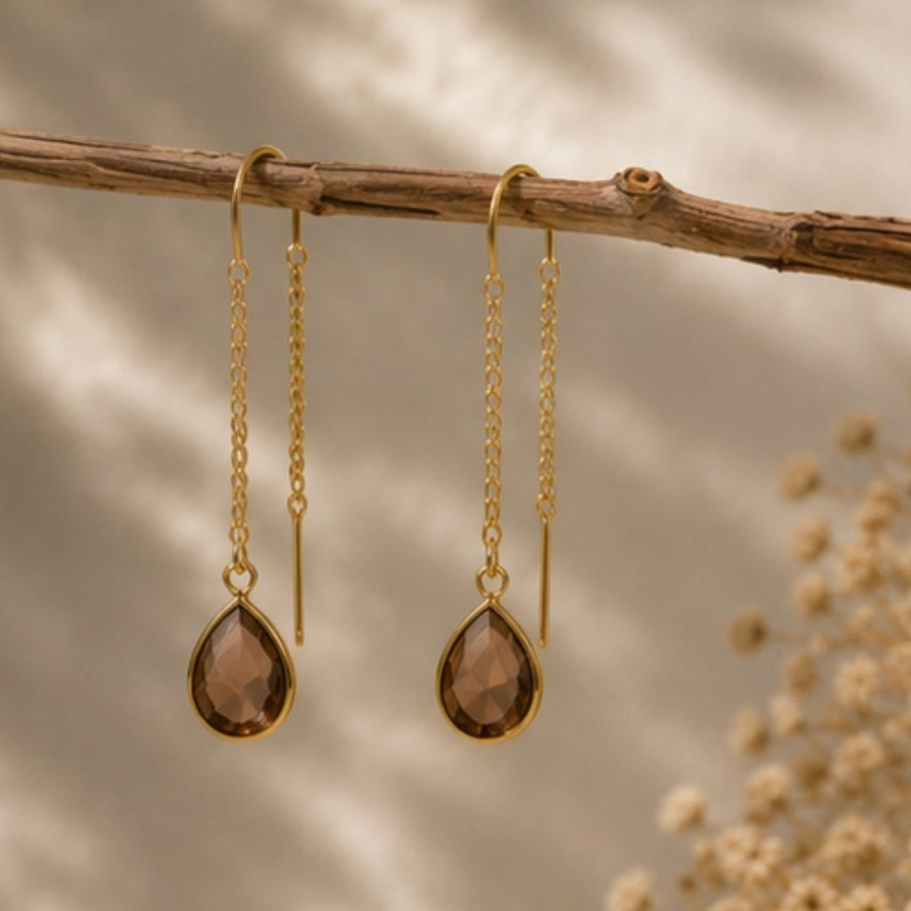Gold Plated Brown Cubic Zirconia Link Drop Earrings