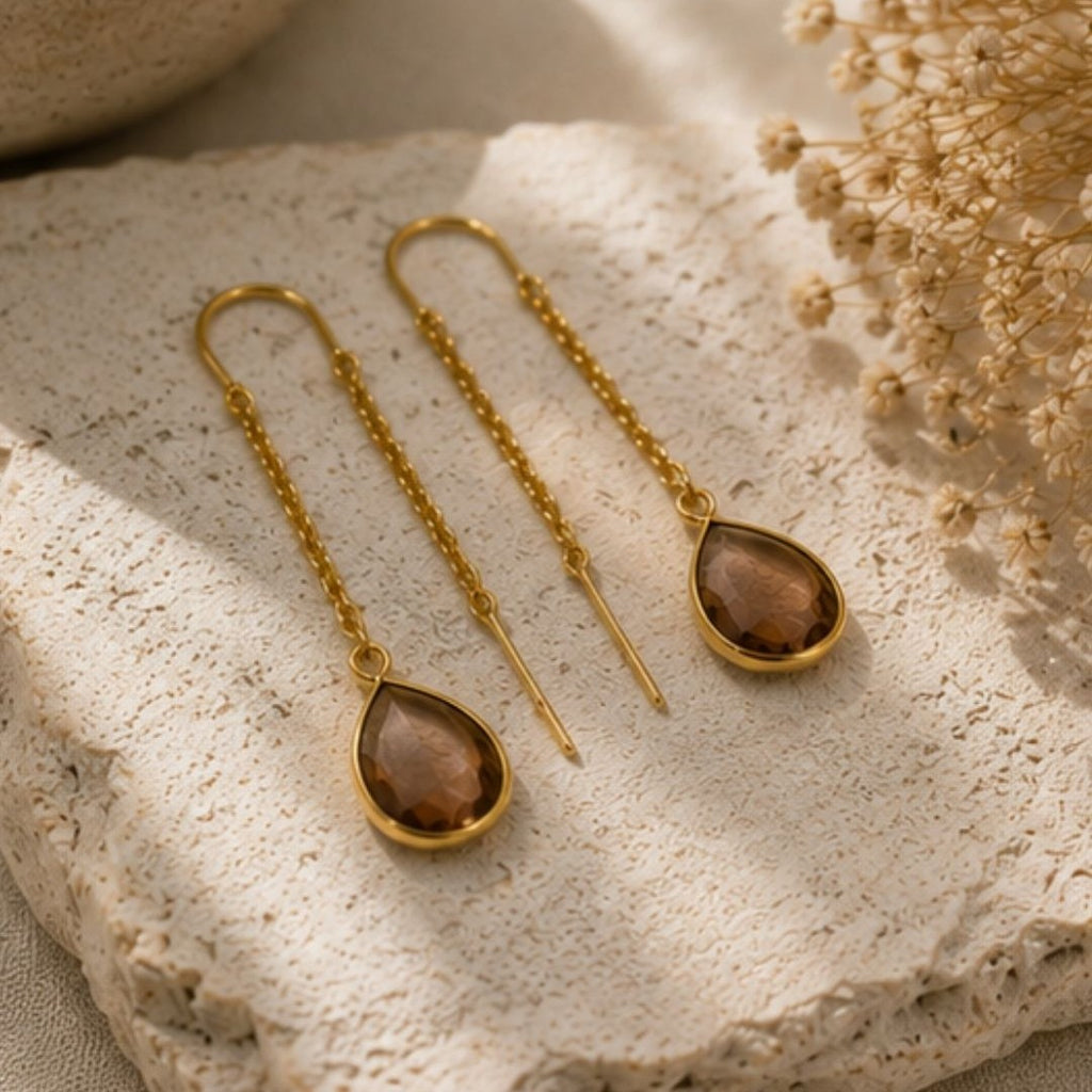 Gold Plated Brown Cubic Zirconia Link Drop Earrings