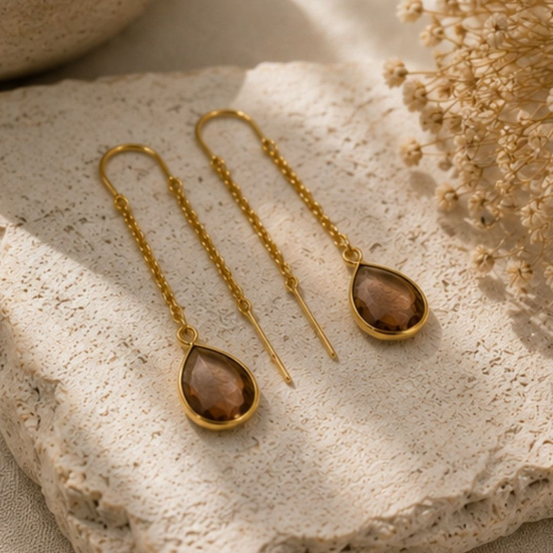 Gold Plated Brown Cubic Zirconia Link Drop Earrings