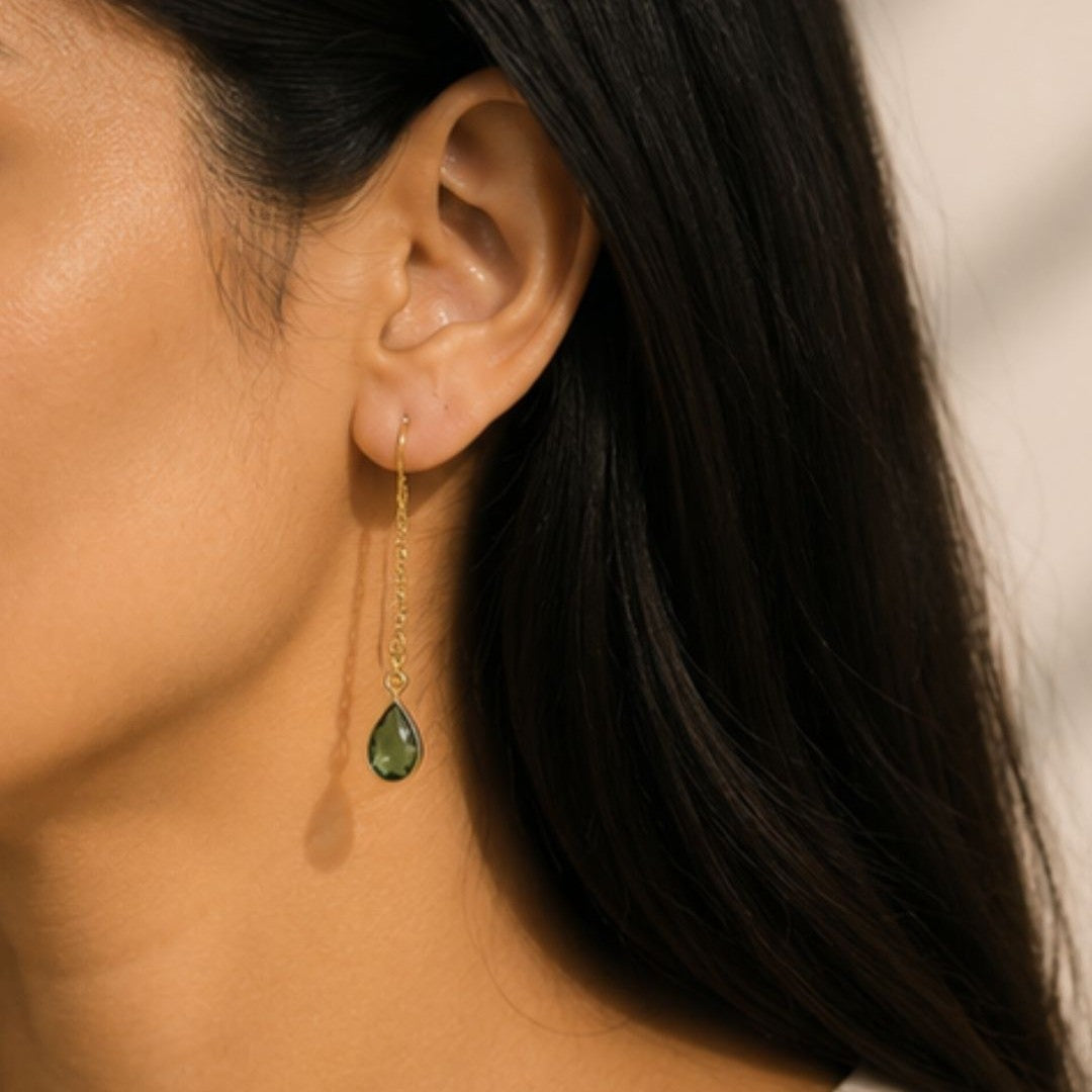 Gold Plated Green Cubic Zirconia Link Drop Earrings
