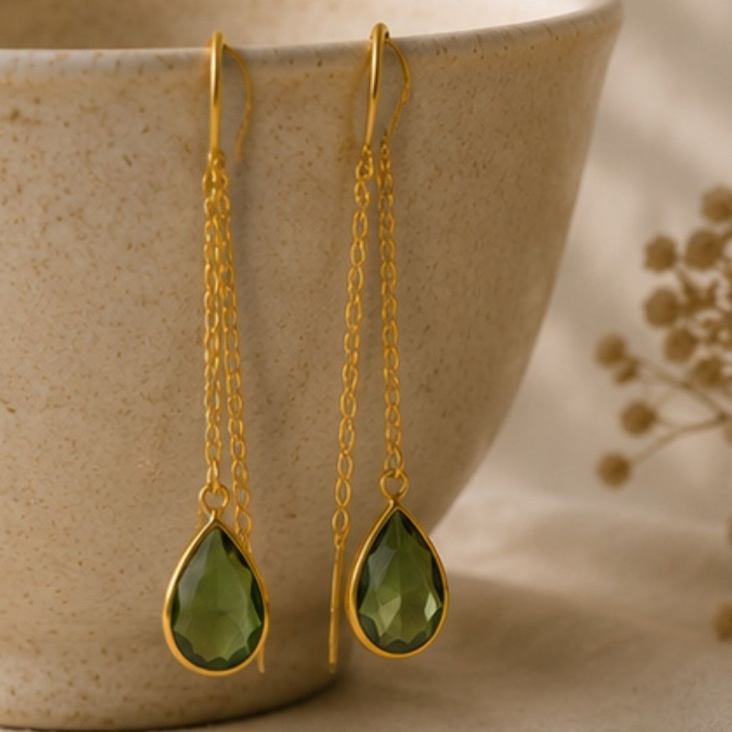 Gold Plated Green Cubic Zirconia Link Drop Earrings
