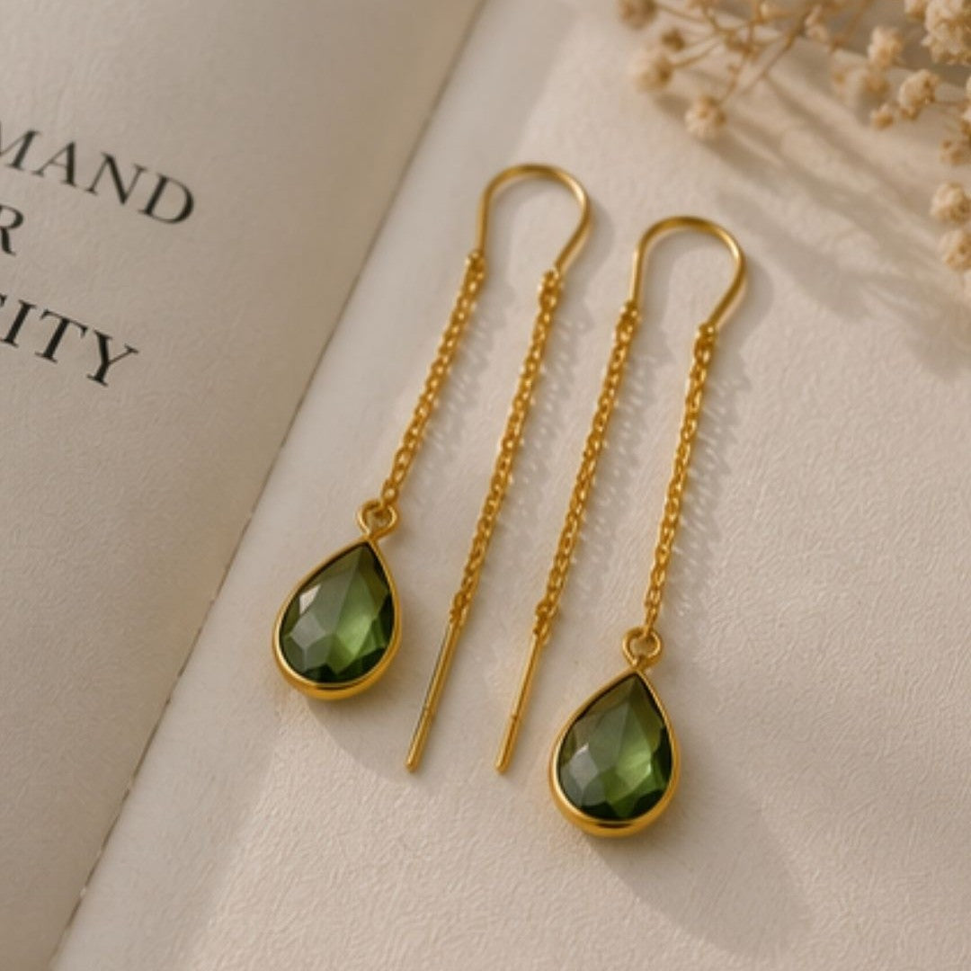 Gold Plated Green Cubic Zirconia Link Drop Earrings