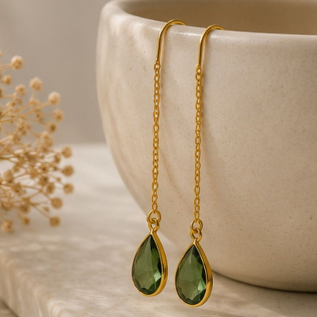 Gold Plated Green Cubic Zirconia Link Drop Earrings