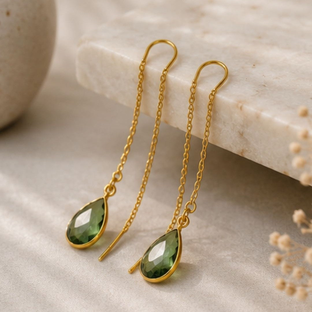 Gold Plated Green Cubic Zirconia Link Drop Earrings