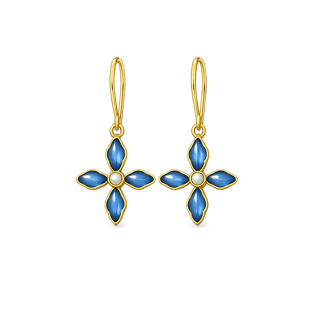 Gold Plated Blue Floral Cubic Ziconia Pearl Drop Earrings
