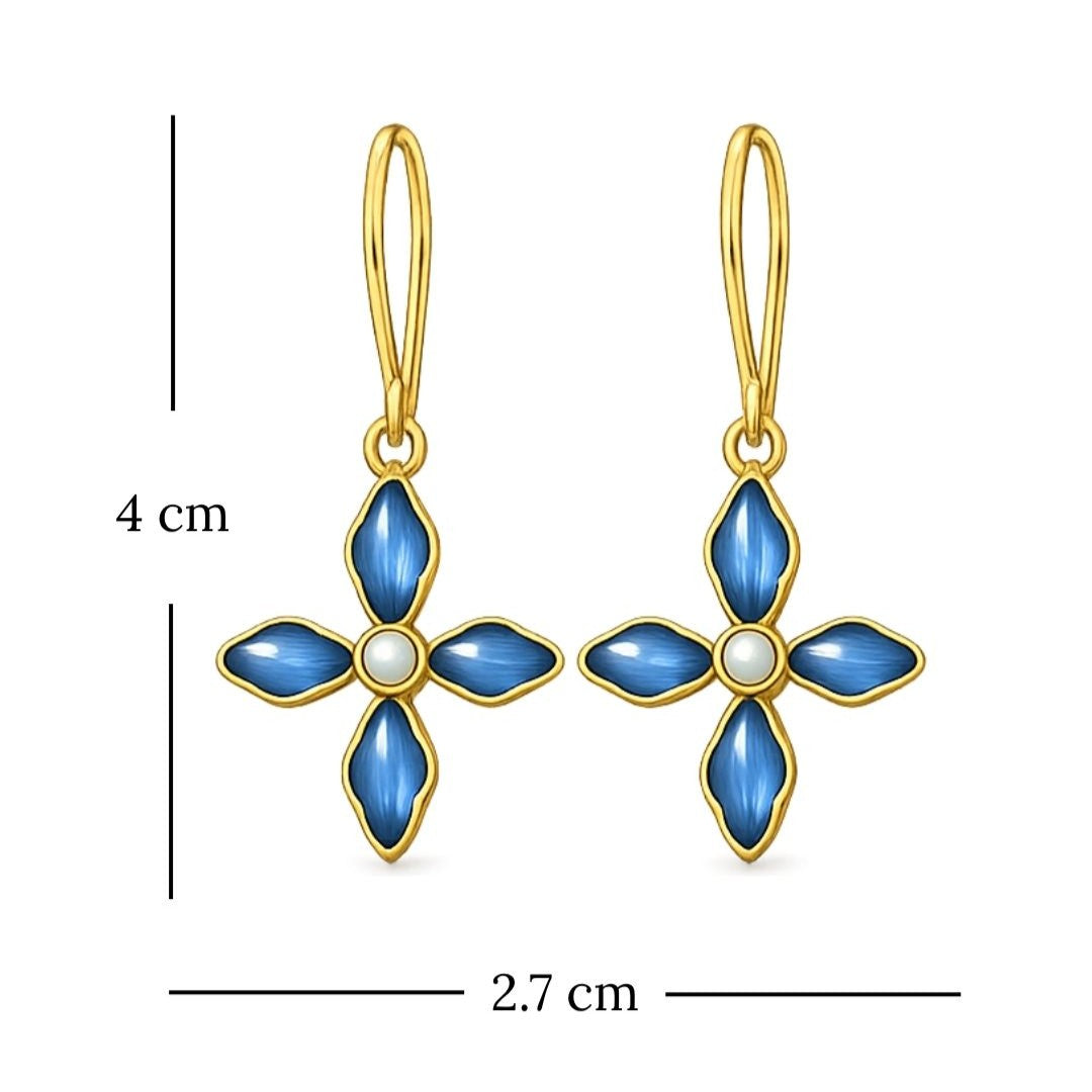 Gold Plated Blue Floral Cubic Ziconia Pearl Drop Earrings