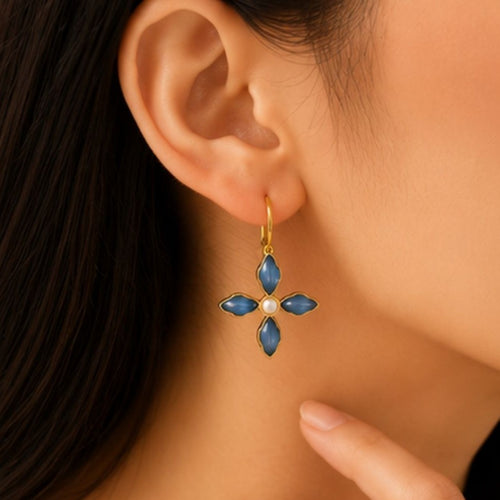 Gold Plated Blue Floral Cubic Ziconia Pearl Drop Earrings