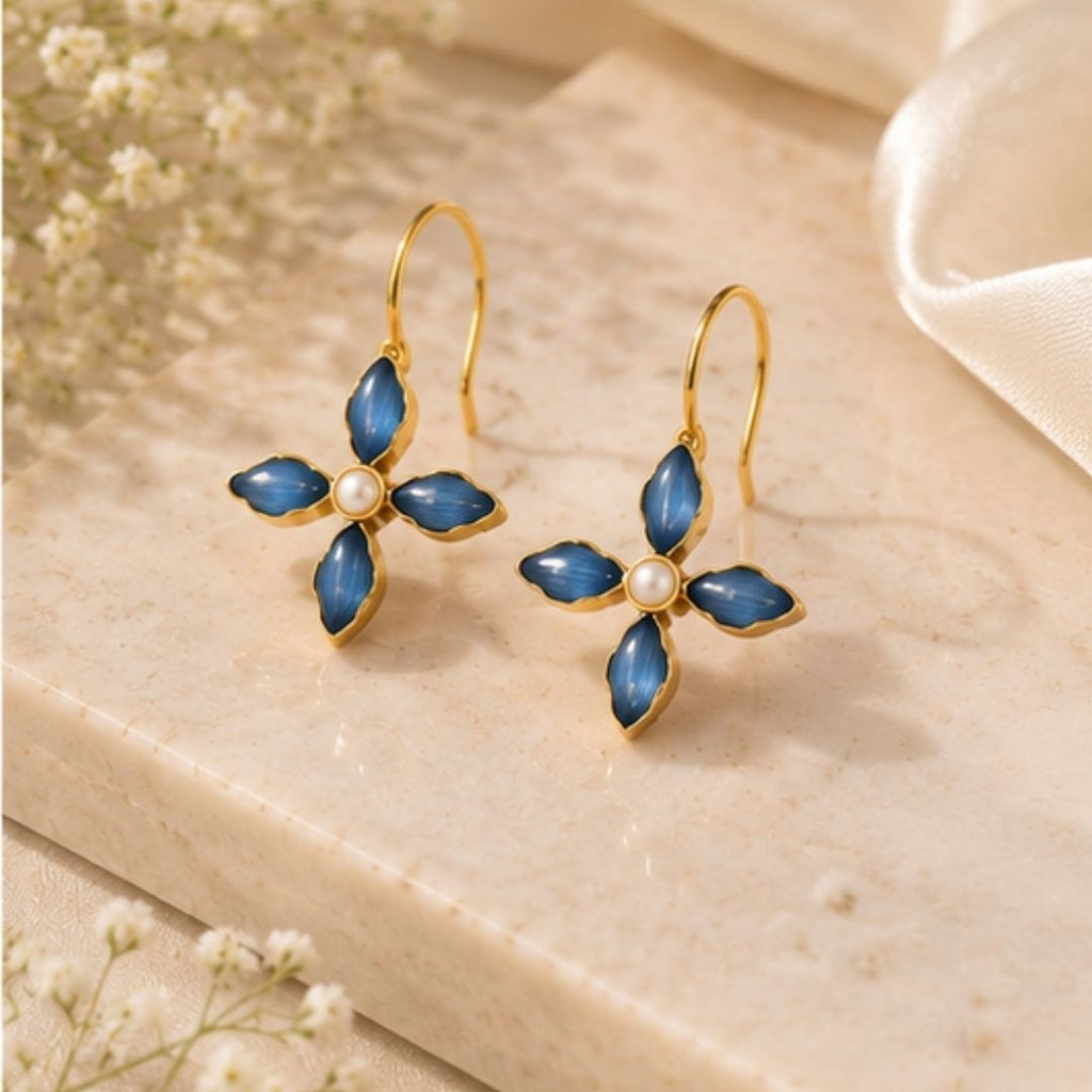 Gold Plated Blue Floral Cubic Ziconia Pearl Drop Earrings