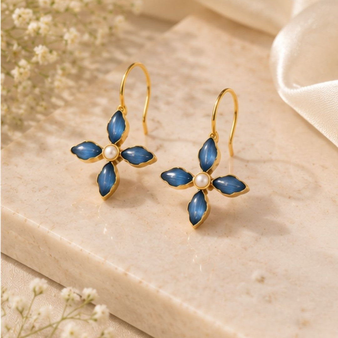 Gold Plated Blue Floral Cubic Ziconia Pearl Drop Earrings
