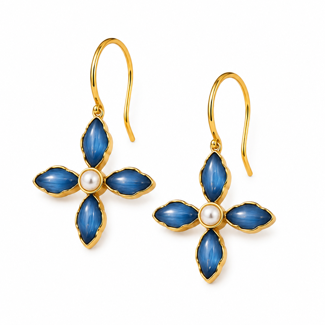 Gold Plated Blue Floral Cubic Ziconia Pearl Drop Earrings