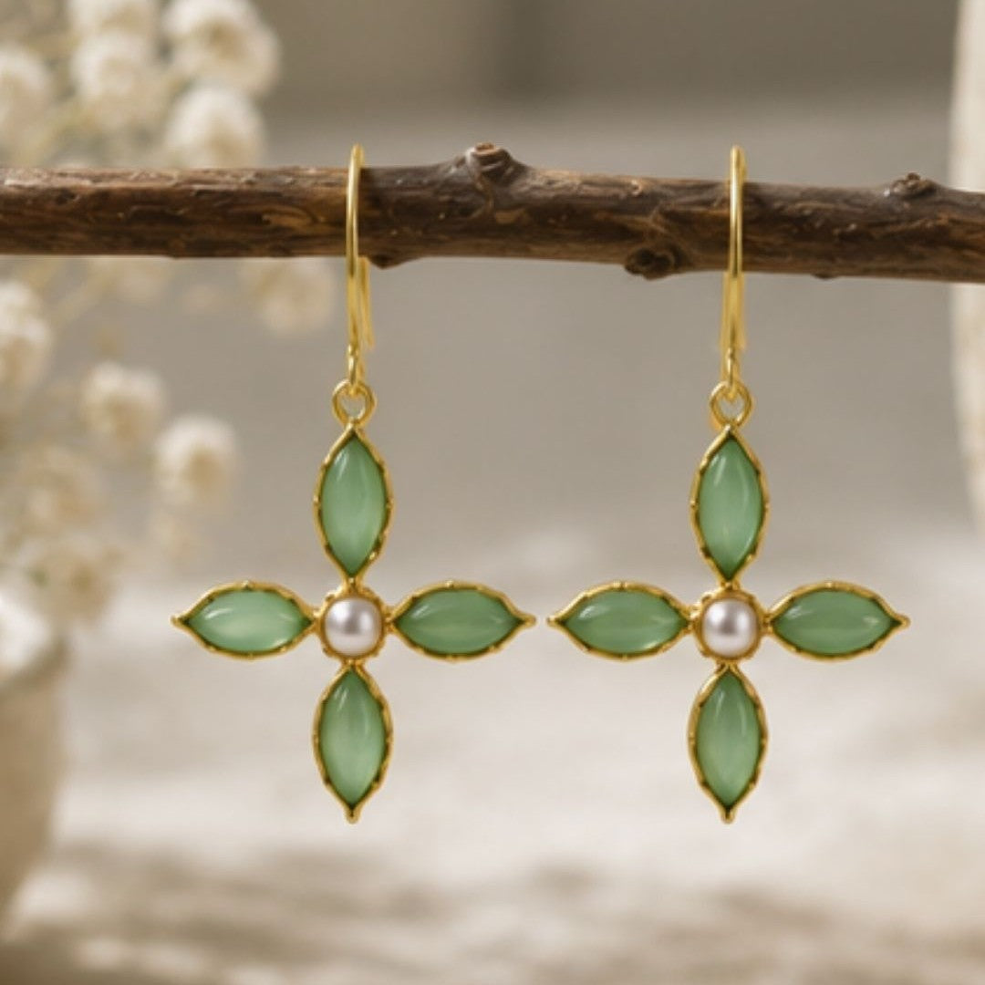 Gold Plated Green Floral Cubic Ziconia Pearl Drop Earrings