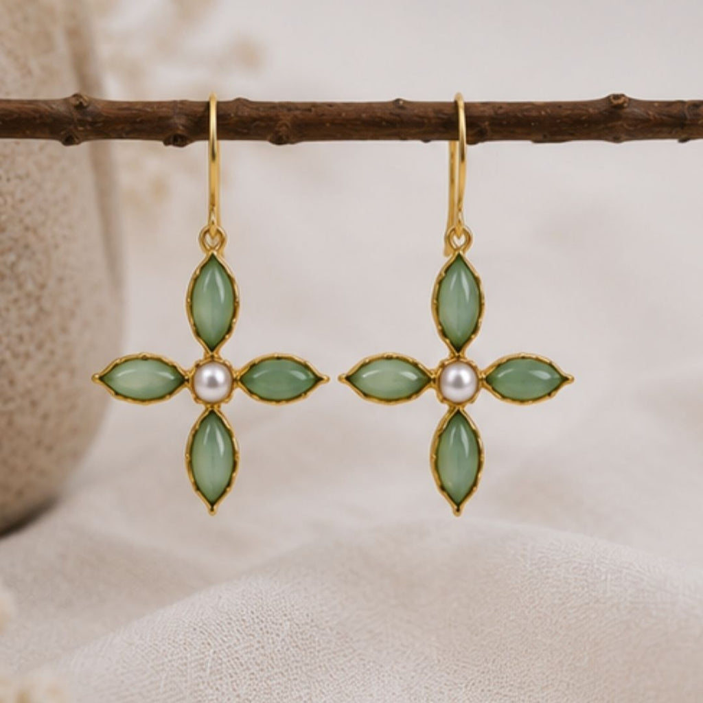 Gold Plated Green Floral Cubic Ziconia Pearl Drop Earrings