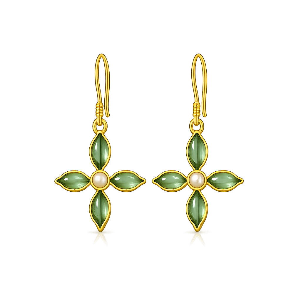 Gold Plated Green Floral Cubic Ziconia Pearl Drop Earrings