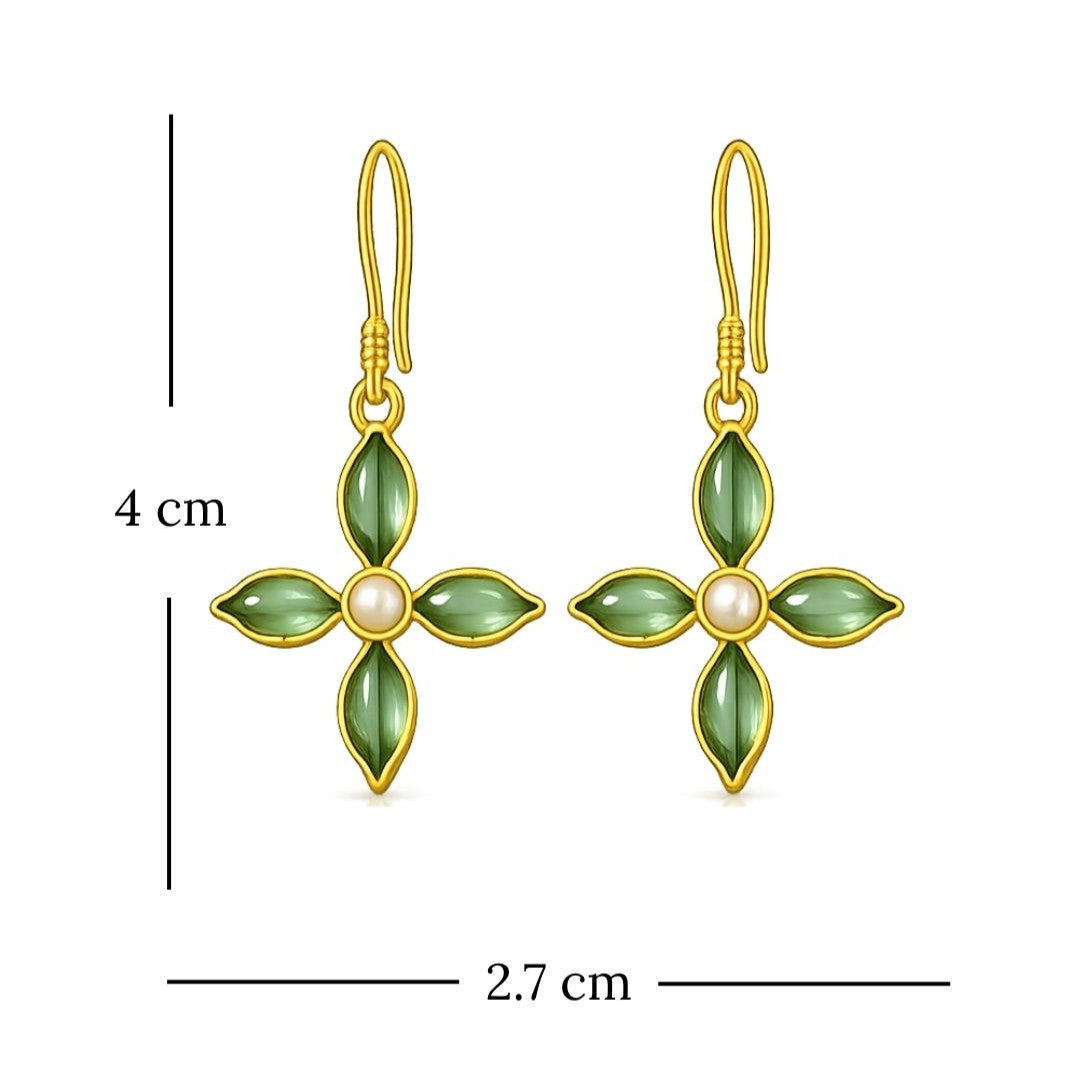 Gold Plated Green Floral Cubic Ziconia Pearl Drop Earrings