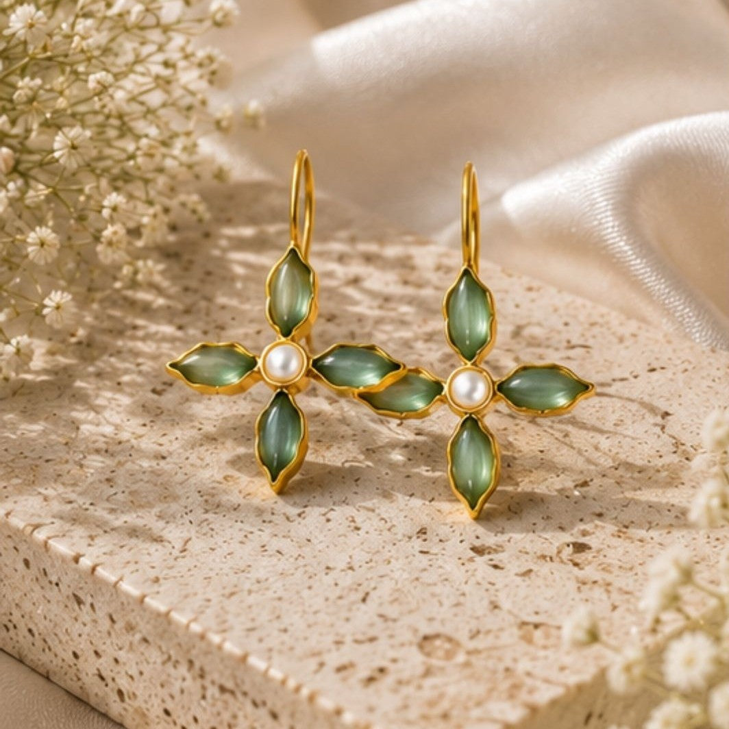 Gold Plated Green Floral Cubic Ziconia Pearl Drop Earrings