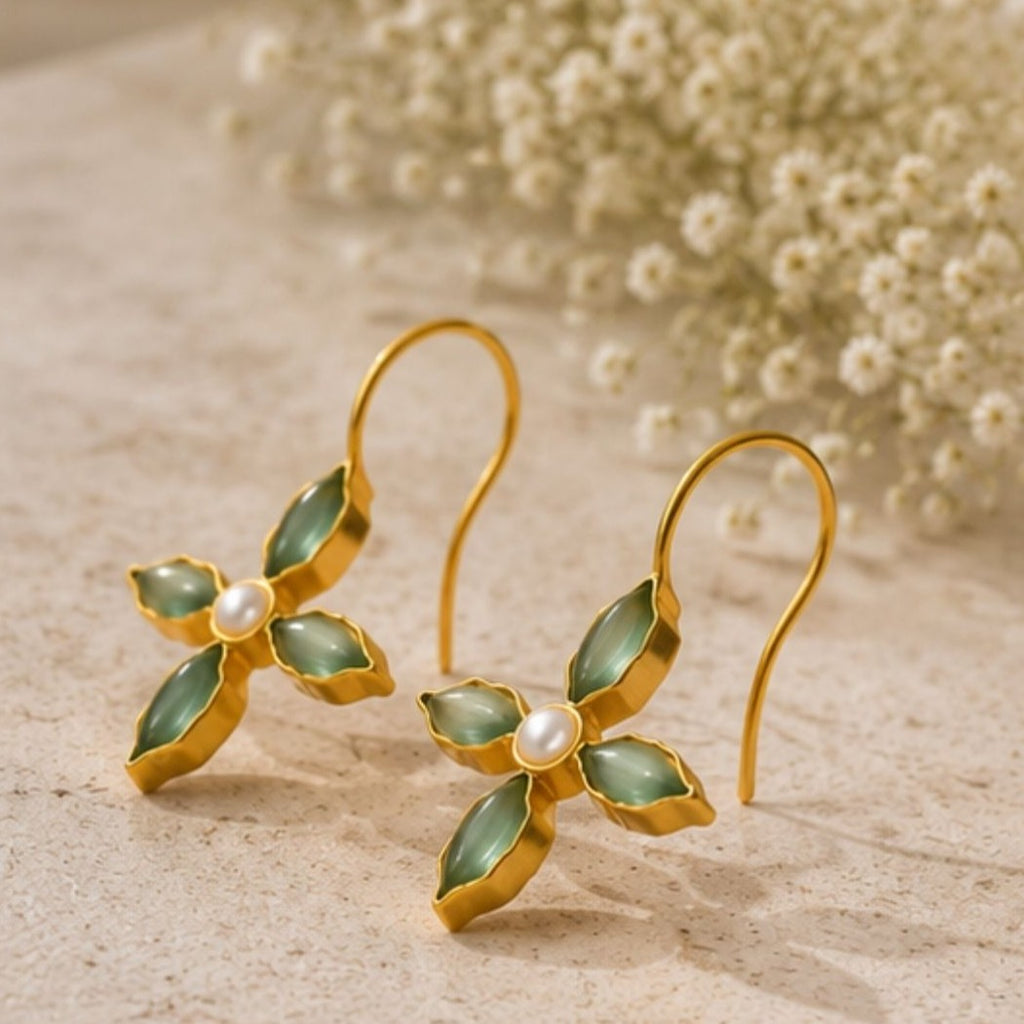 Gold Plated Green Floral Cubic Ziconia Pearl Drop Earrings