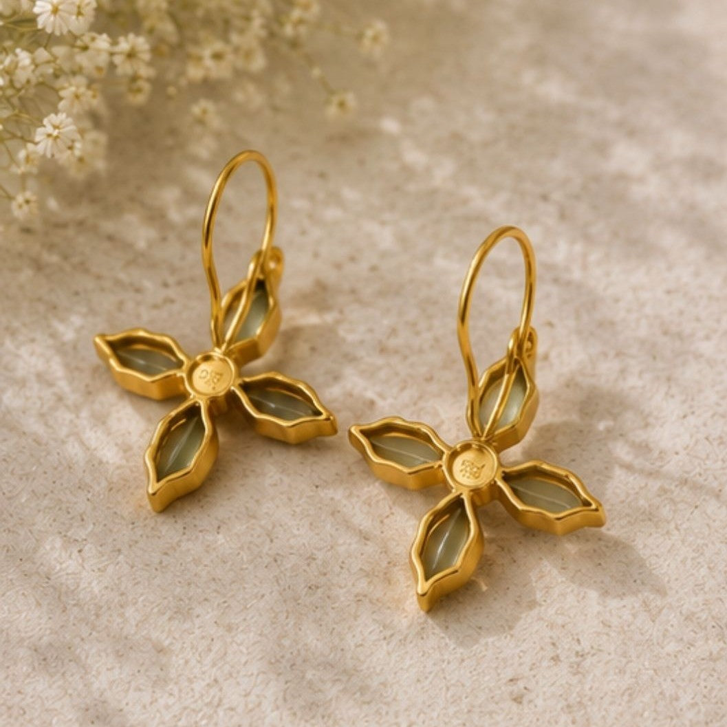 Gold Plated Green Floral Cubic Ziconia Pearl Drop Earrings