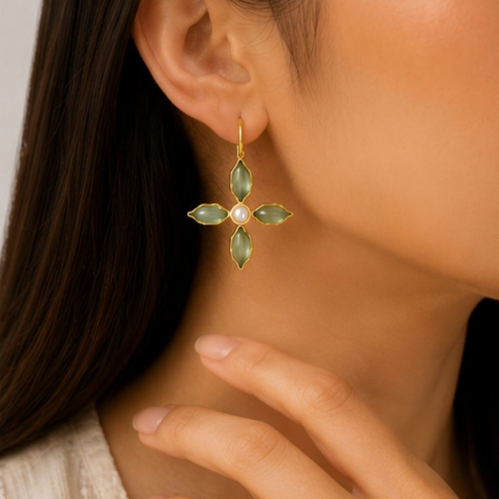Gold Plated Green Floral Cubic Ziconia Pearl Drop Earrings