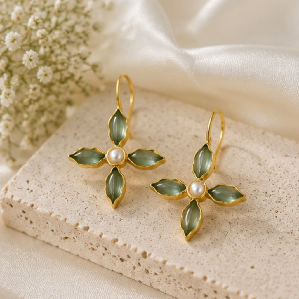 Gold Plated Green Floral Cubic Ziconia Pearl Drop Earrings