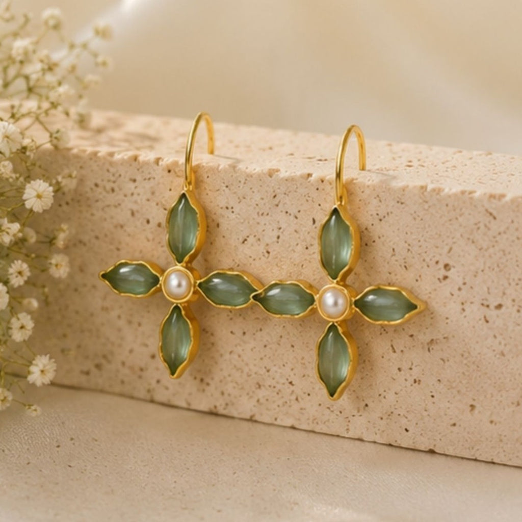 Gold Plated Green Floral Cubic Ziconia Pearl Drop Earrings