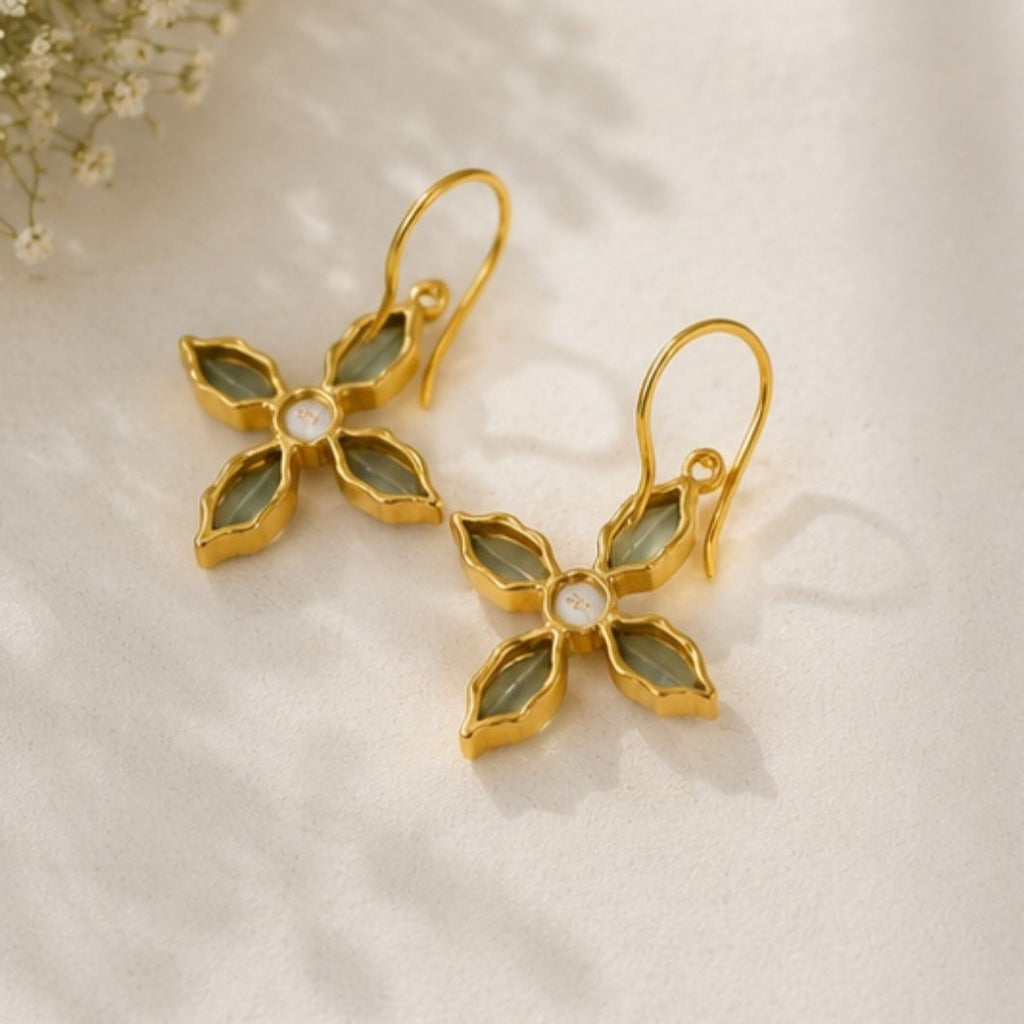 Gold Plated Green Floral Cubic Ziconia Pearl Drop Earrings