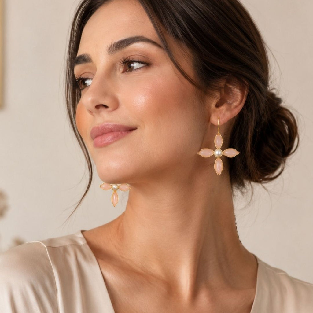 Gold Plated Floral Cubic Ziconia Pearl Drop Earrings
