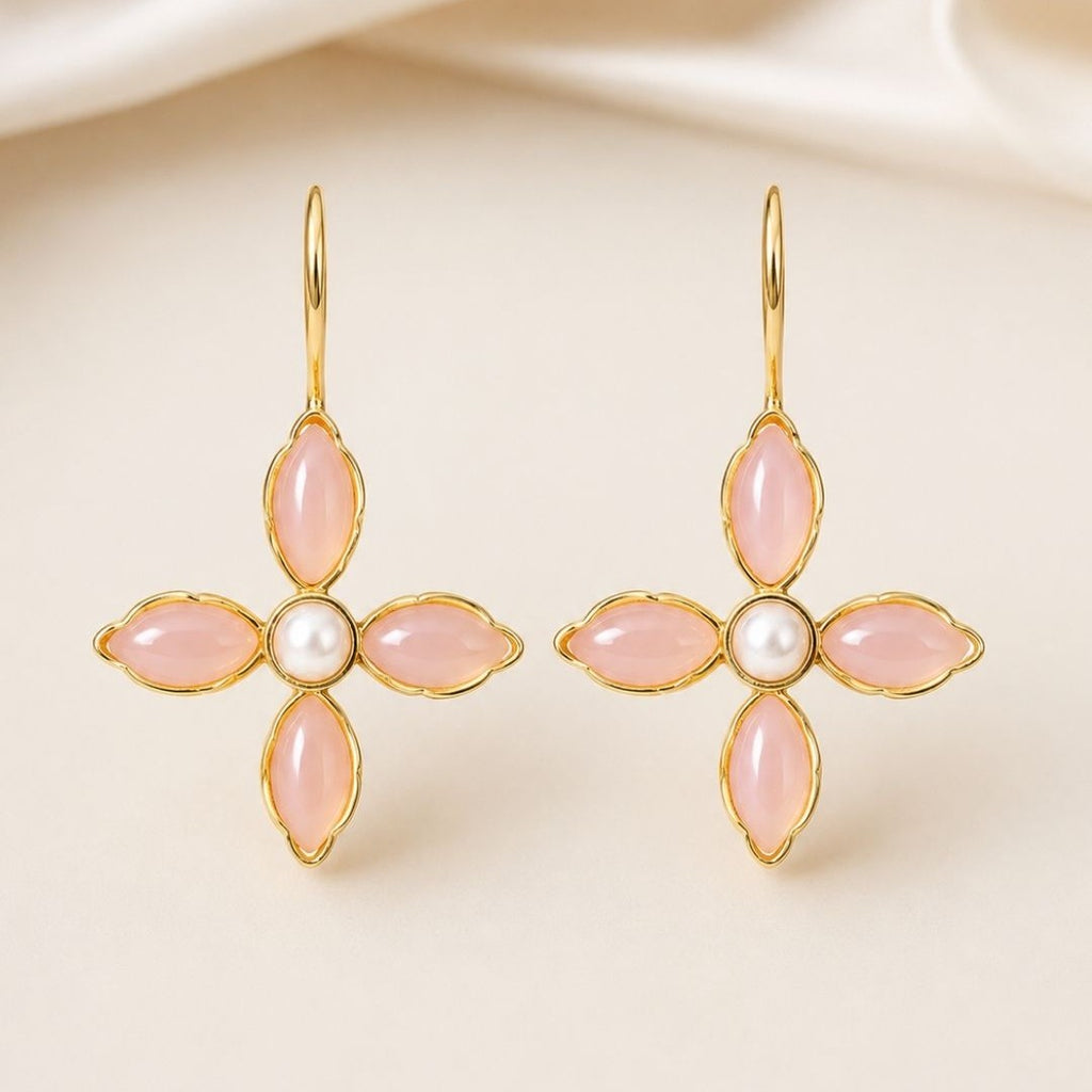 Gold Plated Floral Cubic Ziconia Pearl Drop Earrings