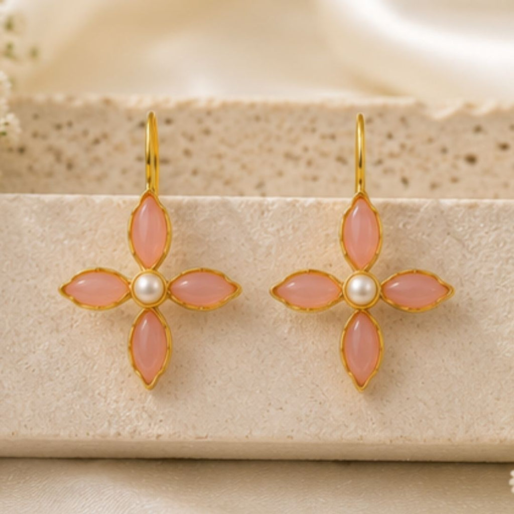 Gold Plated Floral Cubic Ziconia Pearl Drop Earrings