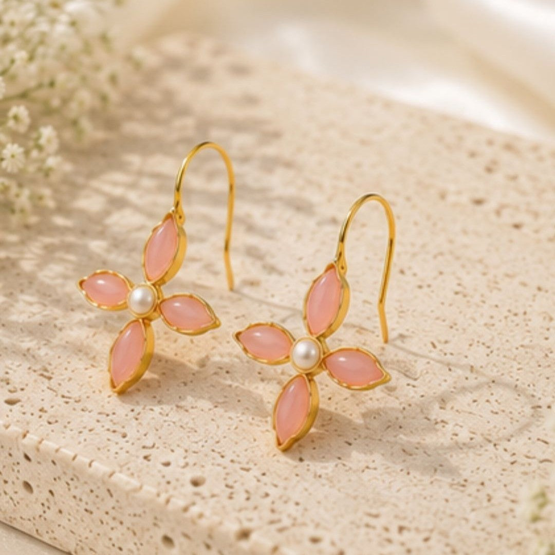 Gold Plated Floral Cubic Ziconia Pearl Drop Earrings