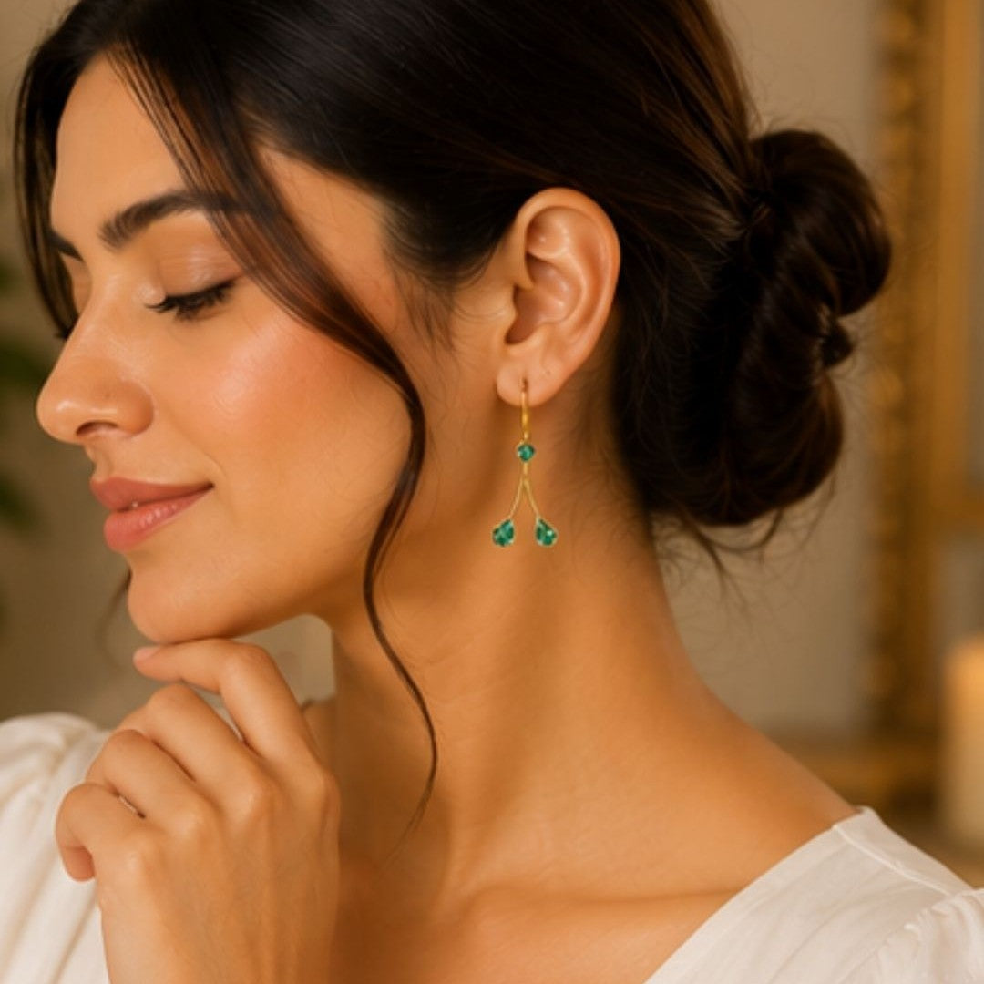 Gold Plated Green Cubic Zirconia Drop Earrings